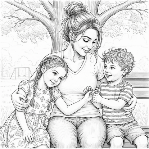 drawing of a single mom with two children
